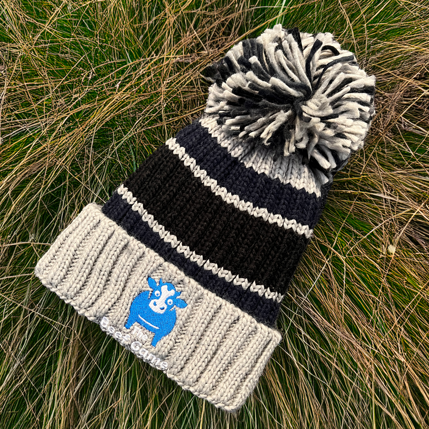 The Beef Game Luxury Striped Bobble Hat Grey/Blue