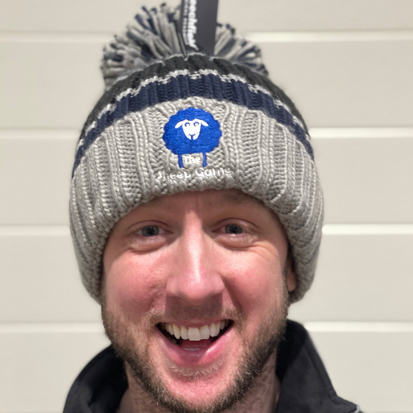 Luxury Striped Bobble Hat Grey/Blue