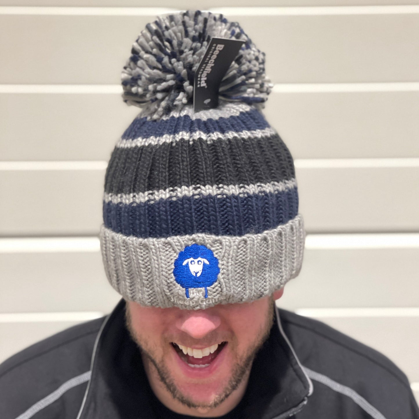 Luxury Striped Bobble Hat Grey/Blue