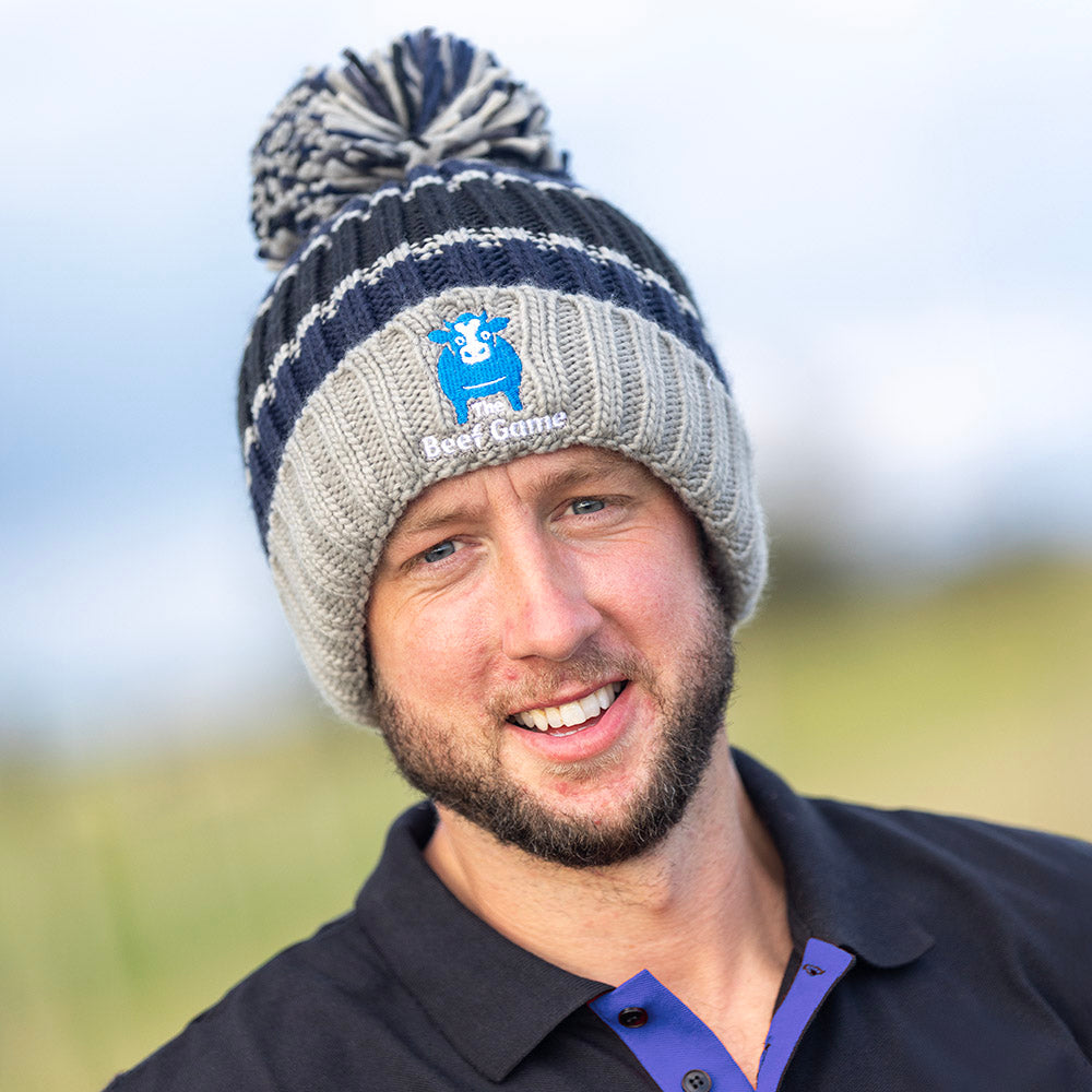 The Beef Game Luxury Striped Bobble Hat Grey/Blue