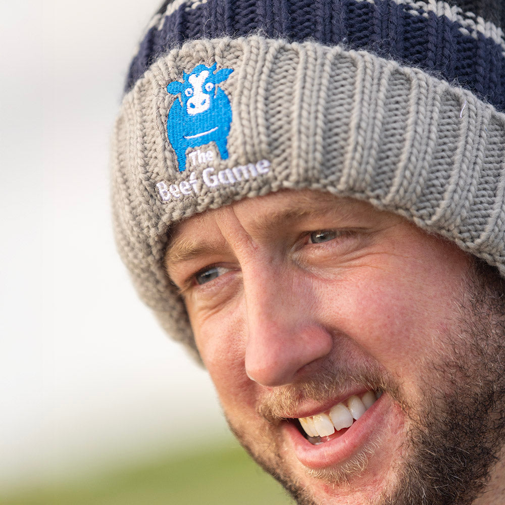 The Beef Game Luxury Striped Bobble Hat Grey/Blue